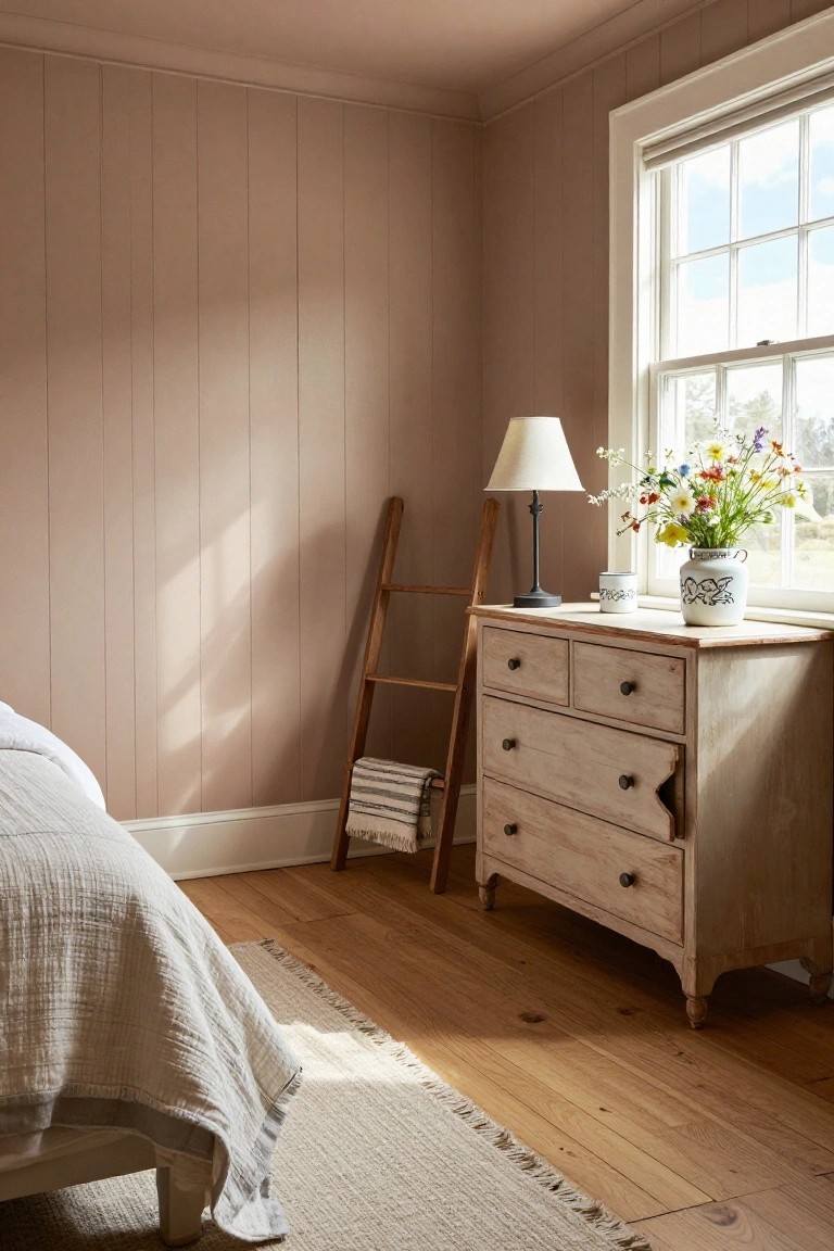 Corner of a bedroom with pale pink vertical shiplap walls, wooden four-drawer dresser with lamp, mug, and flower vase on top, wooden ladder shelf nearby, bed with white linen bedding, hardwood floor, and window with view outside.