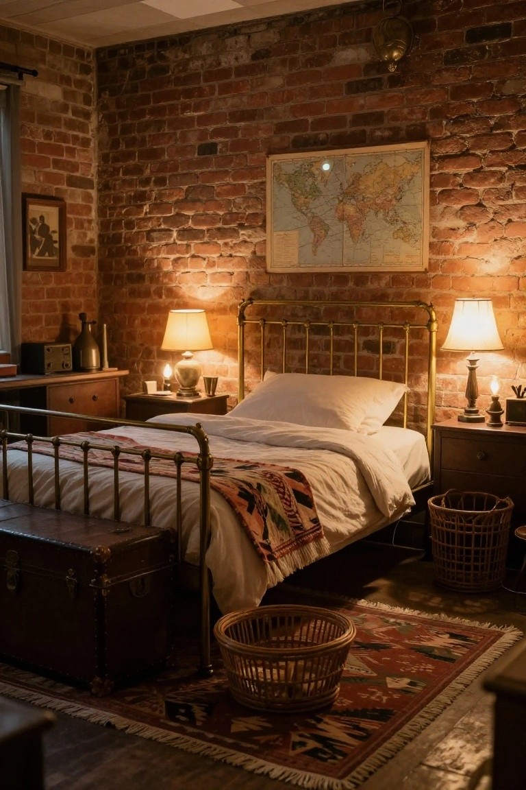 Cozy bedroom featuring exposed brick walls, antique brass bed frame with white bedding and colorful throw, brass lamps, wooden furniture, world map on wall, and woven baskets on kilim rug.