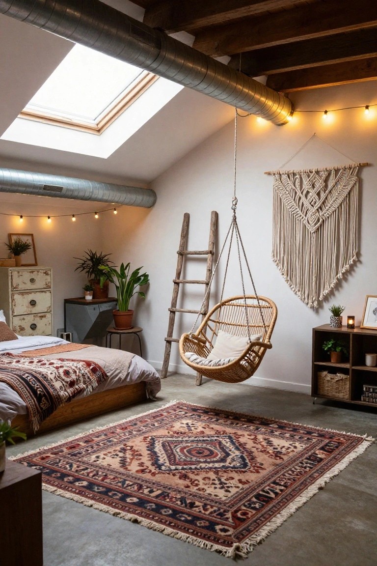 Loft bedroom with exposed metal ducts and wooden beams, skylight, hanging rattan swing chair on ladder frame, platform bed with patterned bedding, plants, macrame wall hanging, side tables, and large patterned rug on concrete floor.