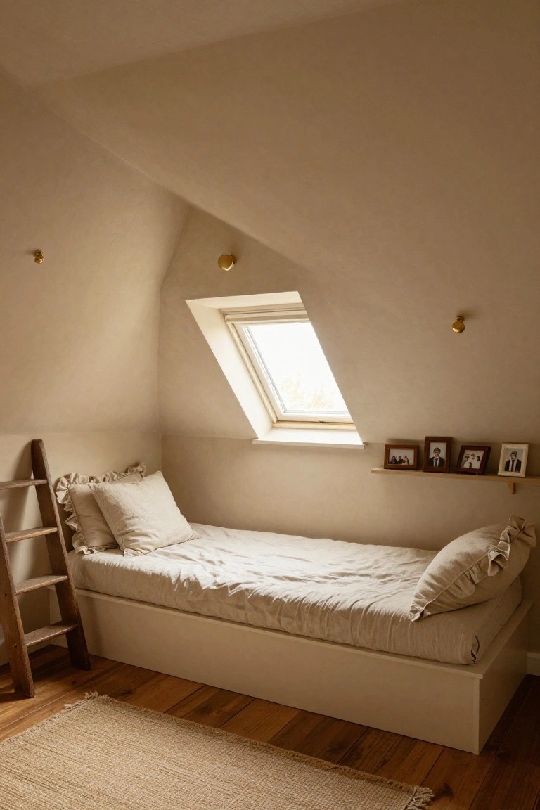 Attic bedroom with low white platform bed draped in beige linen bedding and pillows under sloped beige walls and ceiling, wooden ladder beside it, skylight window, gold wall lights, shelf of framed photos, and seagrass rug on wood floor.