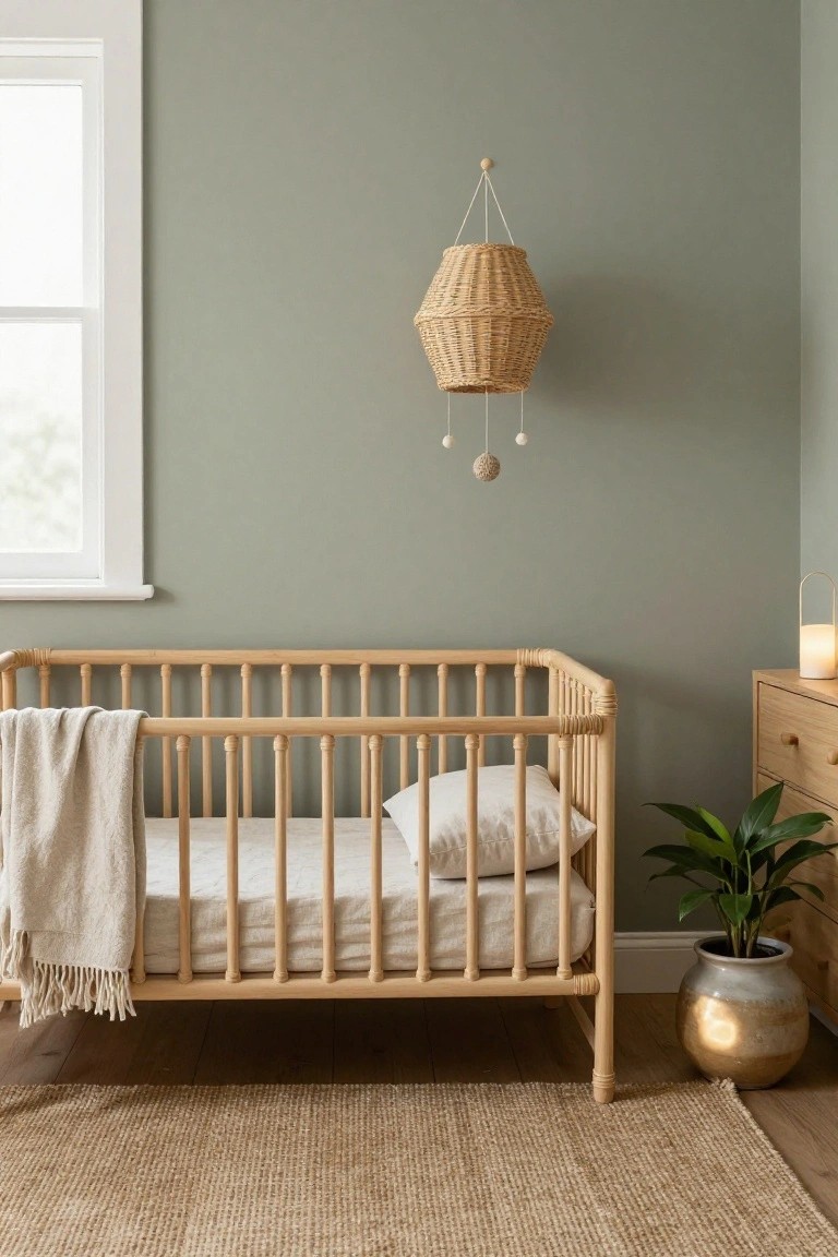 Nursery room with pale sage green walls, blonde wood crib draped in a light gray throw and fitted with white sheet and pillow, rattan pendant lamp hanging above, wooden dresser next to potted plant in ceramic pot, and seagrass rug on wood floor.