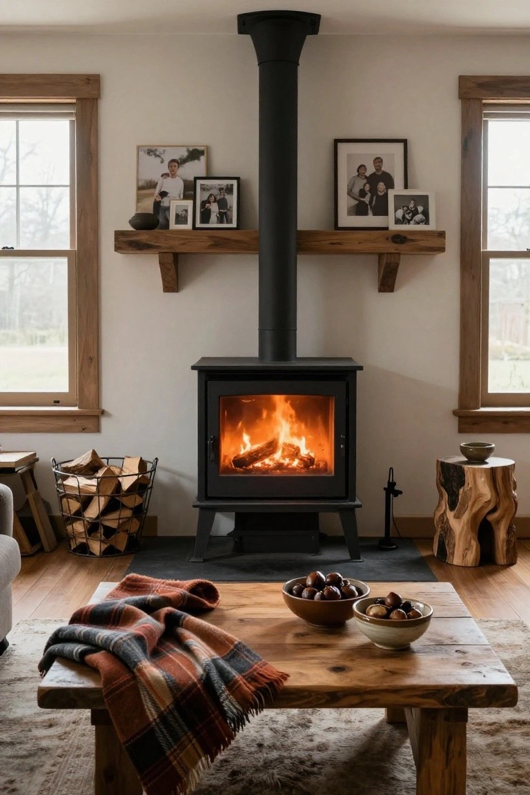 A living room centered on a black freestanding wood-burning stove with an active fire, wooden shelves holding family photos above it, a firewood basket to the side, a wooden coffee table with a plaid blanket and bowls of chestnuts, stump side tables, and large windows with wood trim.