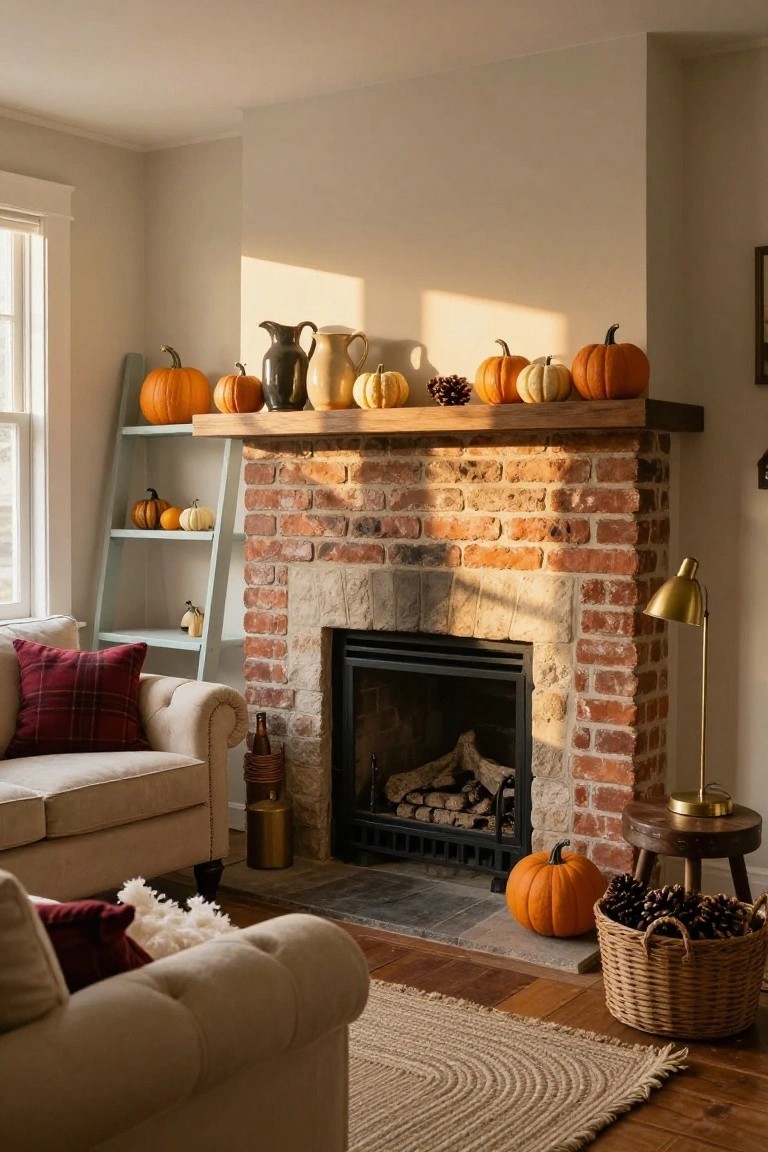 Brick Fireplace Mantel with Fall Pumpkins
