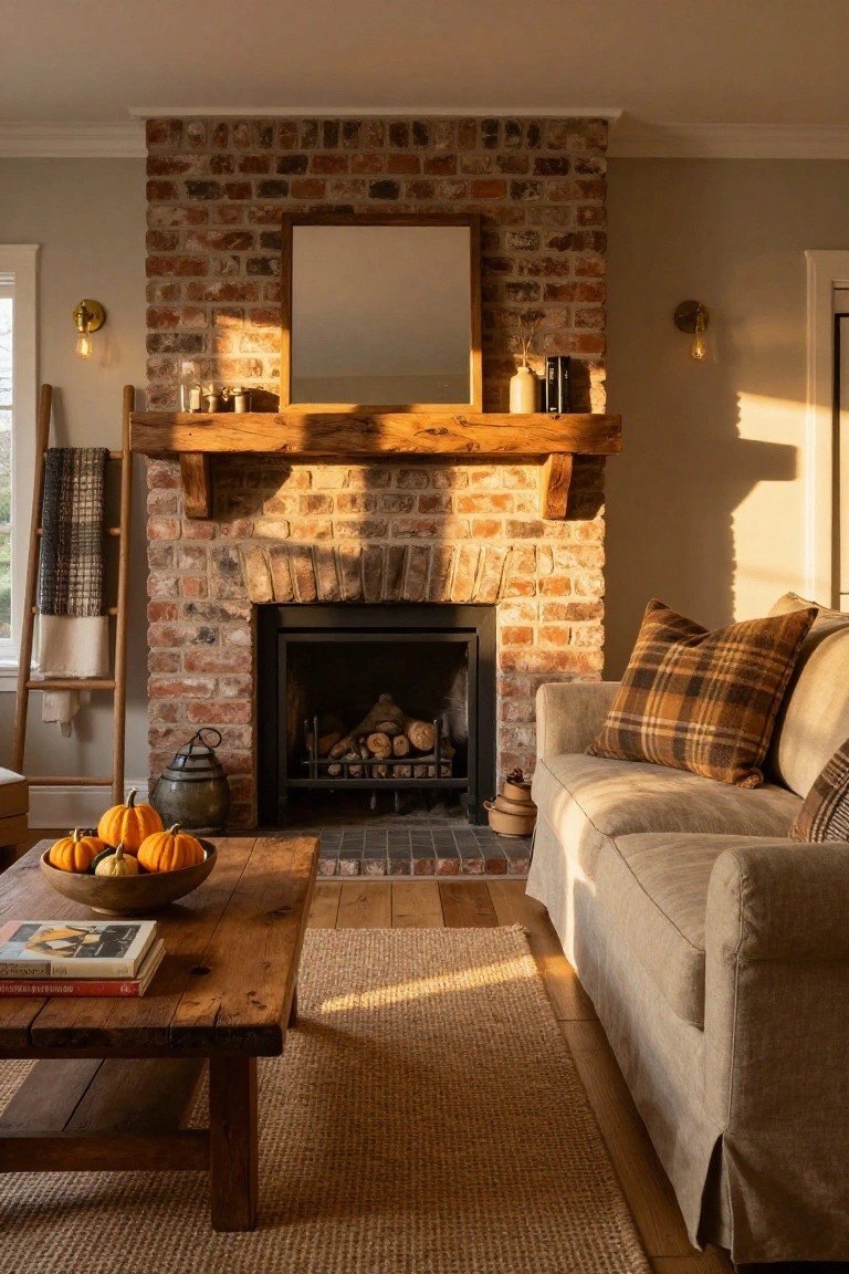 Living room with exposed brick fireplace under wooden mantel, beige slipcovered sofa with plaid pillows, wooden coffee table holding pumpkins in a bowl, ladder with blankets nearby, and warm golden light.