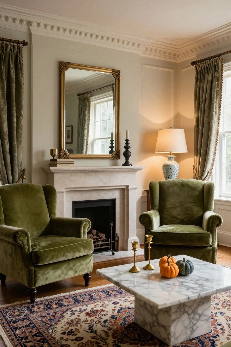 A living room corner with two green velvet wingback armchairs flanking a marble fireplace, a white marble coffee table topped with small pumpkins and gold candlesticks in the center, ornate gold mirror above the mantel, green drapes on windows, and a patterned rug on wood floors.