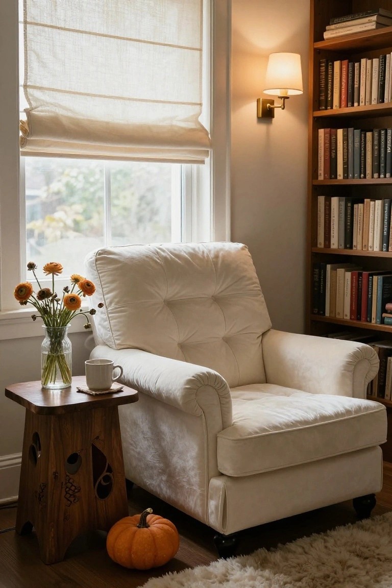 White tufted armchair in a cozy interior corner next to wooden bookshelves, with a carved wooden side table holding a teacup, glass vase of orange ranunculus flowers, and a small pumpkin, beside a window with linen roman shades.