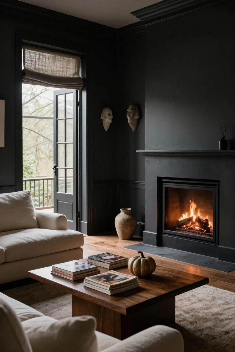 Dark-walled living room featuring a lit fireplace, cream sofas, wooden coffee table with stacked books and a pumpkin, open French doors to a balcony, and masks on the wall.