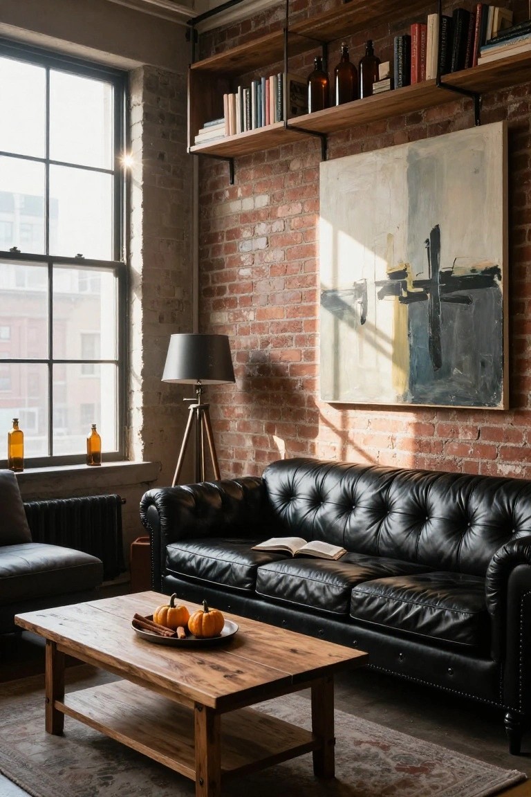 Sunlit living room with exposed brick walls, black tufted leather sofa, wooden coffee table holding small pumpkins and cinnamon sticks on a plate, wooden floating shelves with books and glass bottles, tripod floor lamp, and large abstract painting.
