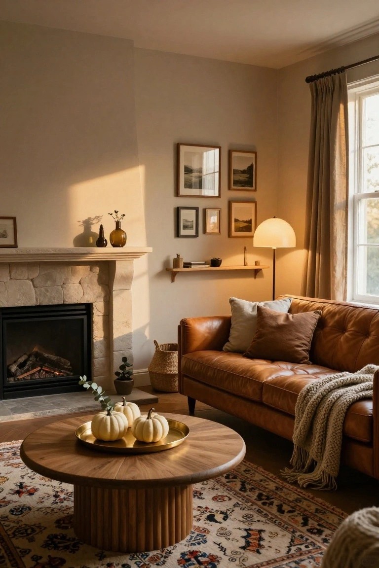 A cozy living room corner with a tan leather sofa piled with pillows and a knit throw, a round wood pedestal coffee table holding white pumpkins on a brass tray, a stone fireplace with fire, neutral walls with framed art, and linen curtains by a window.