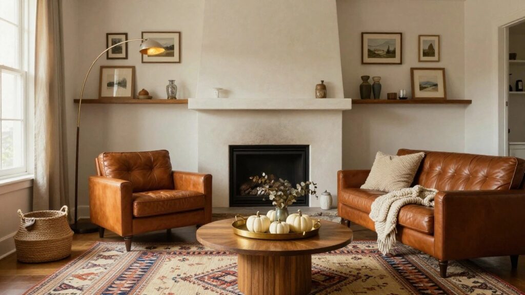 25 Cozy Fall Living Room Ideas That Bring in Seasonal Charm A cozy living room corner with a tan leather sofa piled with pillows and a knit throw, a round wood pedestal coffee table holding white pumpkins on a brass tray, a stone fireplace with fire, neutral walls with framed art, and linen curtains by a window.