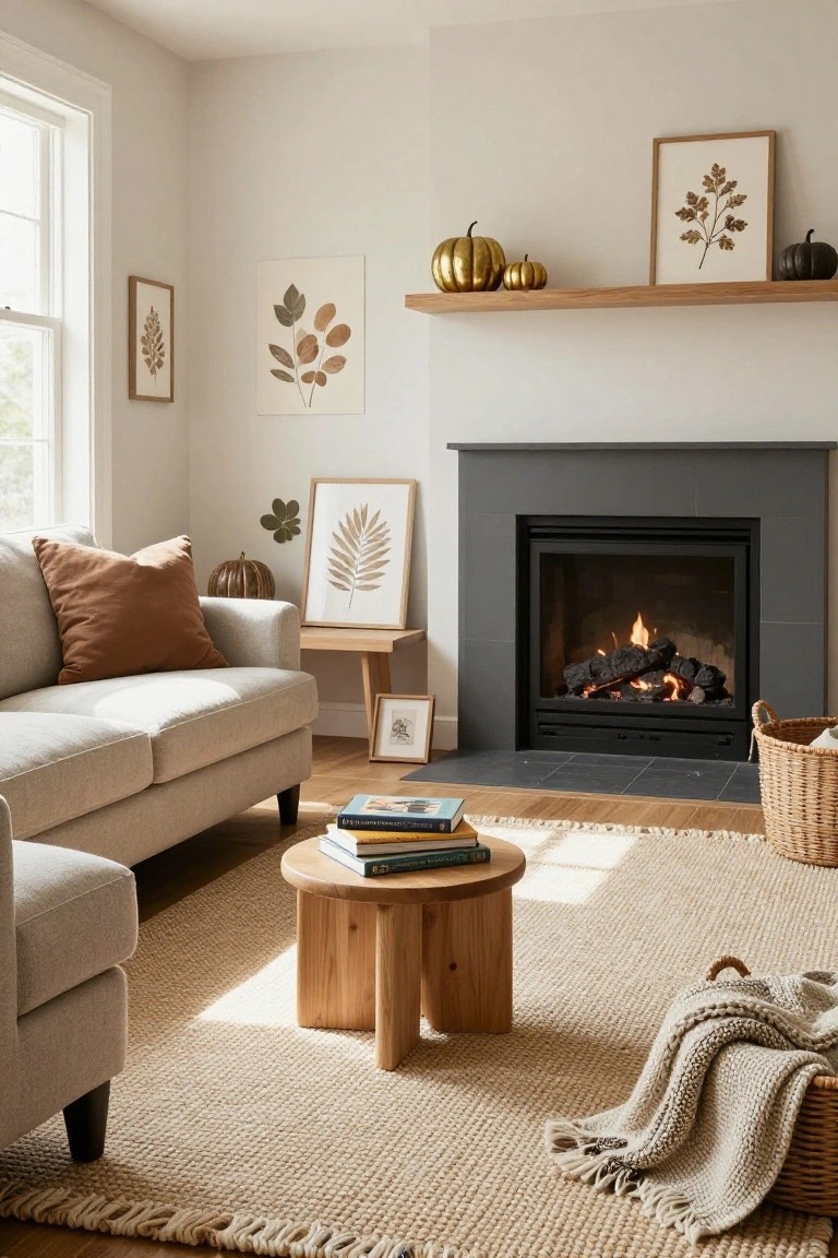 Cozy living room with beige sofa, wooden side table with books, black gas fireplace, floating wood shelves displaying gold and black pumpkins with leaf artwork, neutral rug, and wicker basket with blanket.