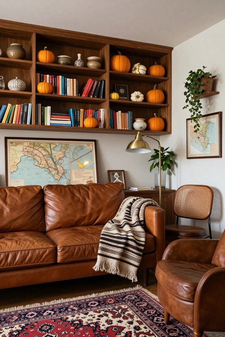 Cozy living room corner with wooden built-in bookshelves displaying books, ceramic pots, and various orange and white pumpkins, brown leather sofa and armchair, wicker chair, striped throw, Persian rug, gold lamp, potted plants, and framed maps on white walls.