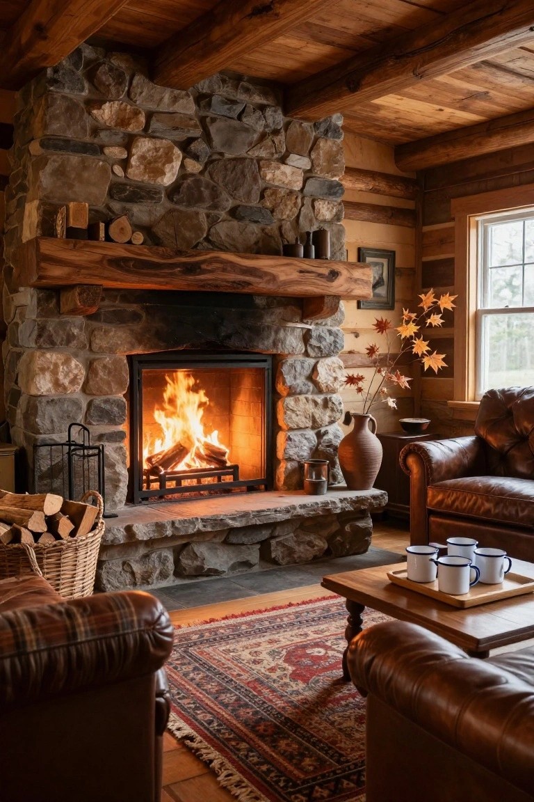 A log cabin living room with wooden beamed ceiling and walls, centered on a tall stone fireplace with burning logs, wooden mantel, leather sofas, plaid armchair, coffee table with mugs, woven basket of firewood, and autumn branches by the window.