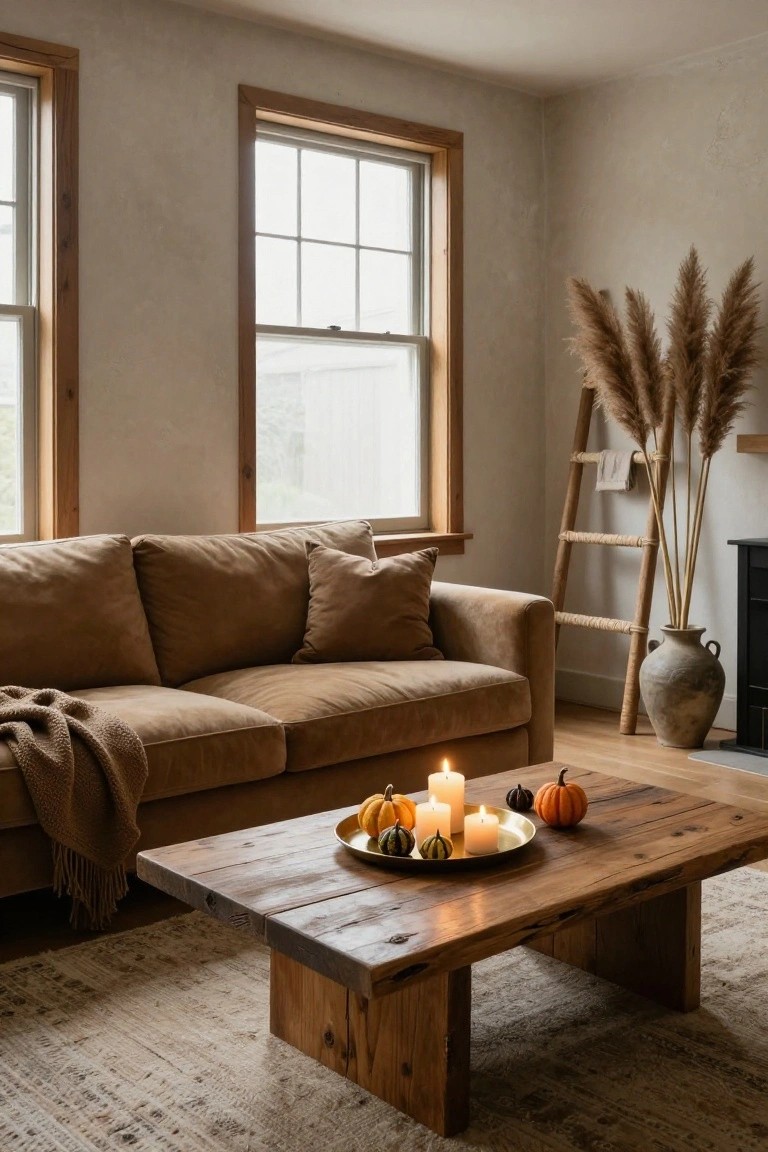 Living room with tan sofa draped in a throw blanket, low rectangular wooden coffee table holding a brass tray of mini pumpkins and lit white candles, tall pampas grass next to a wooden ladder shelf, large terracotta vase, black fireplace, beige walls, wooden windows, and neutral rug.