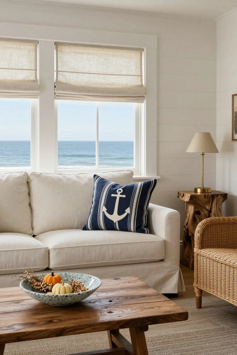 Living room with cream linen sofa accented by blue anchor pillow, rustic wood coffee table holding bowl of pumpkins and gourds, large windows overlooking ocean, white shiplap walls, rattan chair, wood stump side table, and brass lamp.