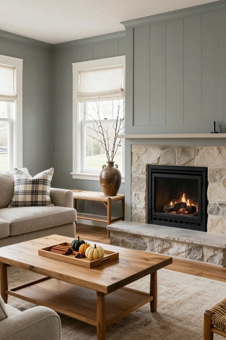 Living room with light gray shiplap walls, beige sofa with plaid pillow, wooden coffee table holding tray of pumpkins and cinnamon sticks, rattan bench, stone fireplace with burning gas logs, and two large windows.