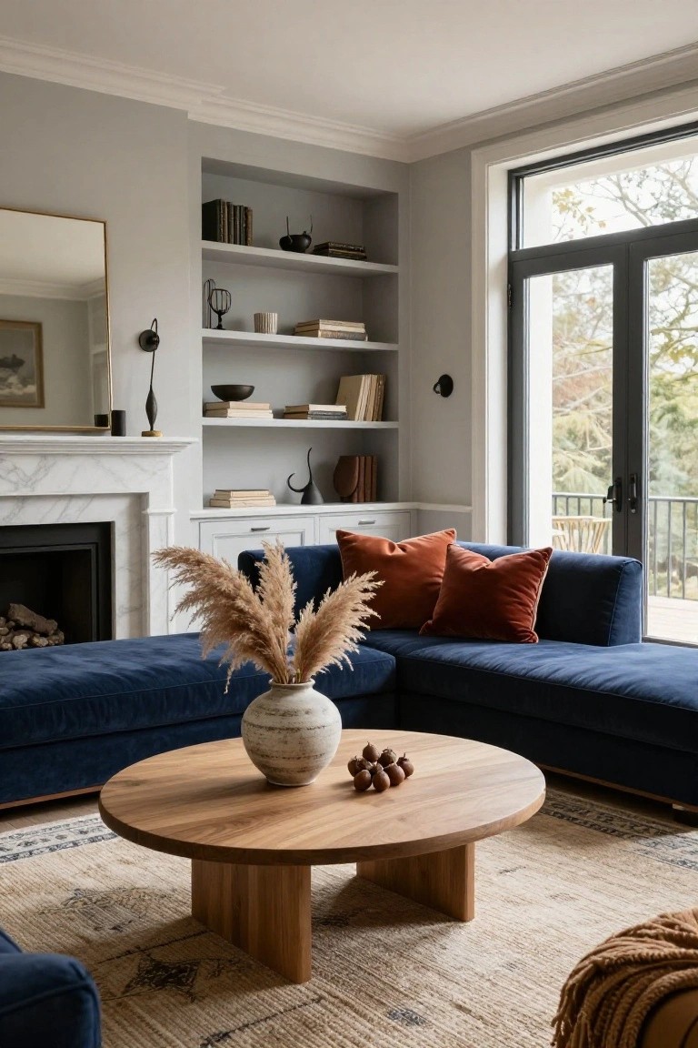 Modern living room with blue velvet L-shaped sofa, round wooden coffee table holding vase of tall pampas grass and chestnuts, rust velvet pillows, marble fireplace, built-in shelves with books and ceramics, and large windows overlooking trees.
