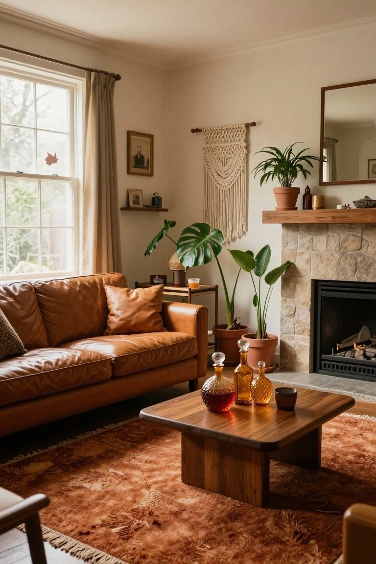 A living room interior with tan leather sofa, wooden coffee table holding glass decanters and a mug, stone fireplace with plants and pots nearby, macrame wall hanging, and large window with a fall leaf visible.