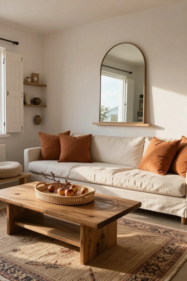 A sunlit living room with a cream slipcovered sofa covered in terracotta pillows, a wooden coffee table holding a wicker basket of apples, an arched gold mirror on a white wall, floating shelves with pottery, and a beige rug.