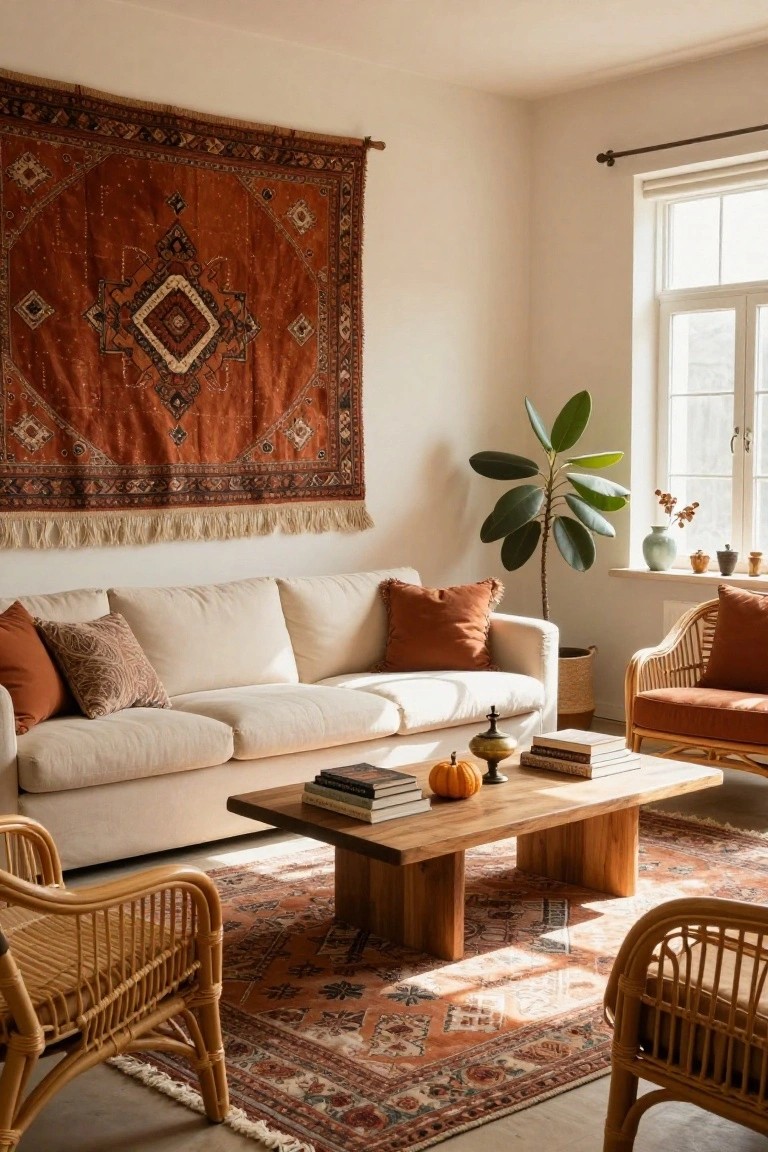 Living room featuring a large terracotta tapestry wall hanging, cream sofa with orange and patterned pillows, rattan chairs, wooden coffee table with books and a pumpkin, potted plants near a window, and a matching terracotta rug on the floor.
