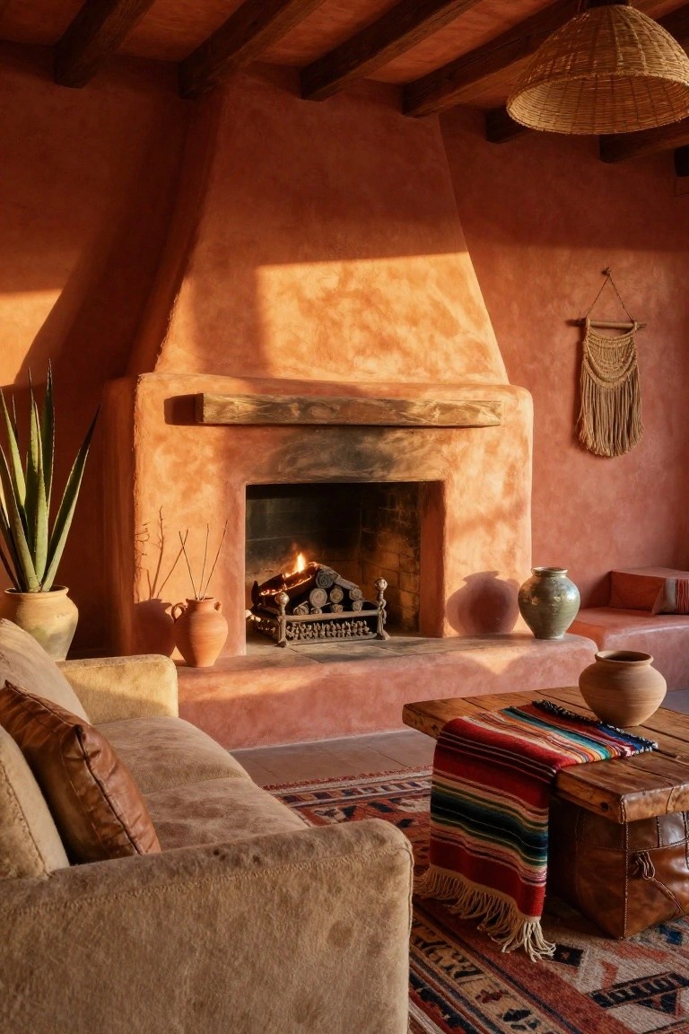 Living room with terracotta adobe walls, wooden beam ceiling, stone fireplace with burning fire, tan leather sofa, wooden coffee table draped in colorful serape blanket, clay pots, and woven wall hanging.