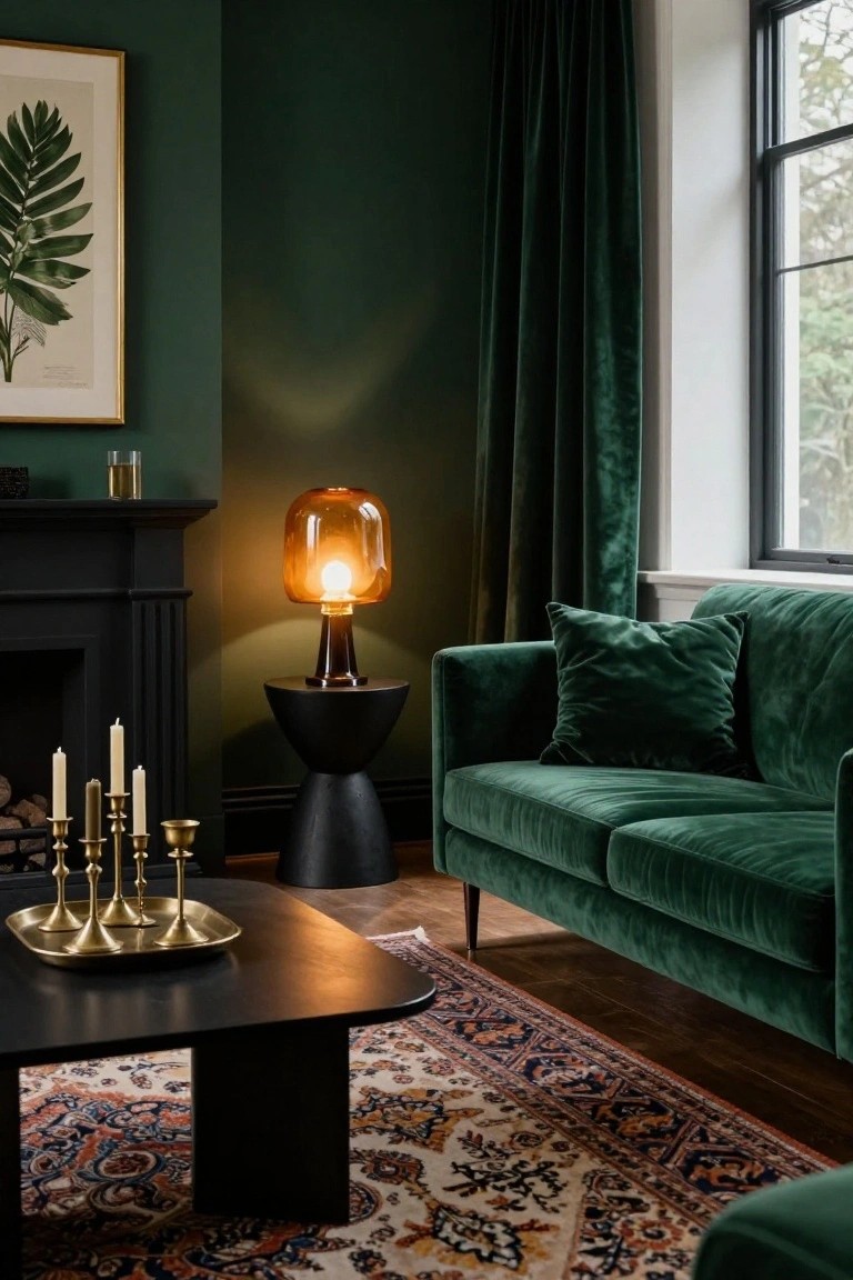 A living room corner with dark green walls and heavy green velvet curtains, emerald green velvet sofa, black pedestal side table with amber glass lamp, black fireplace with brass candelabra holding white candles, black coffee table, and multicolored Persian rug on wood floor.