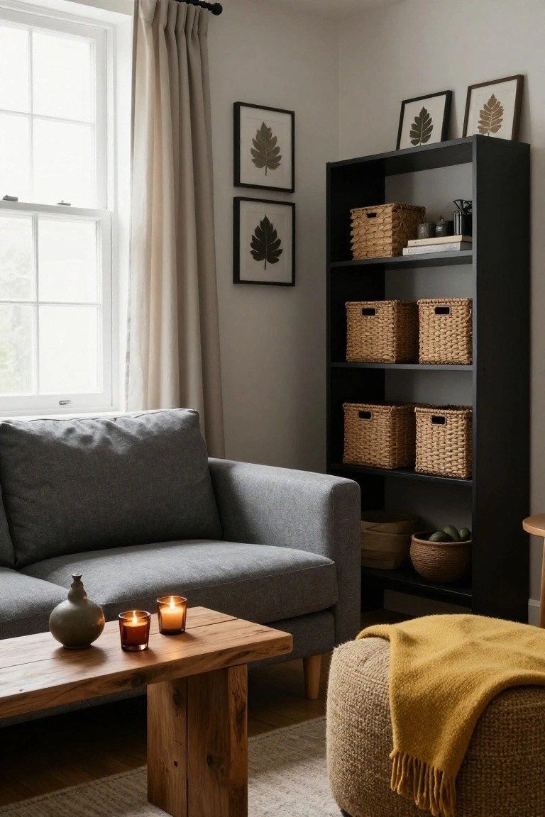 A living room corner with a black bookshelf filled with wicker baskets, gray sofa, wooden coffee table holding candles and a vase, and a round pouf with yellow throw.