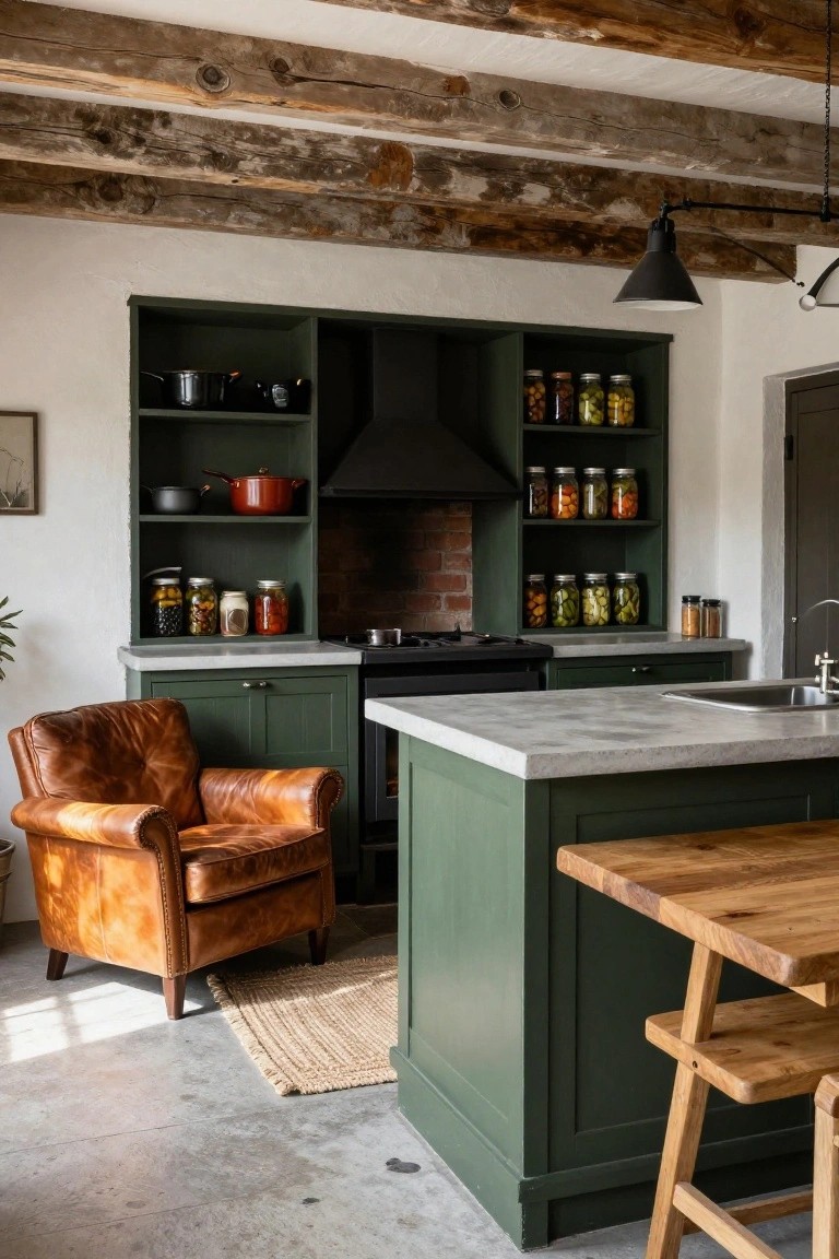 Rustic kitchen interior with dark green cabinetry, exposed wooden beams on white ceiling, brick chimney over black stove, concrete island with wooden top and stools, orange leather armchair on concrete floor with seagrass rug, open shelves with jars and pots.