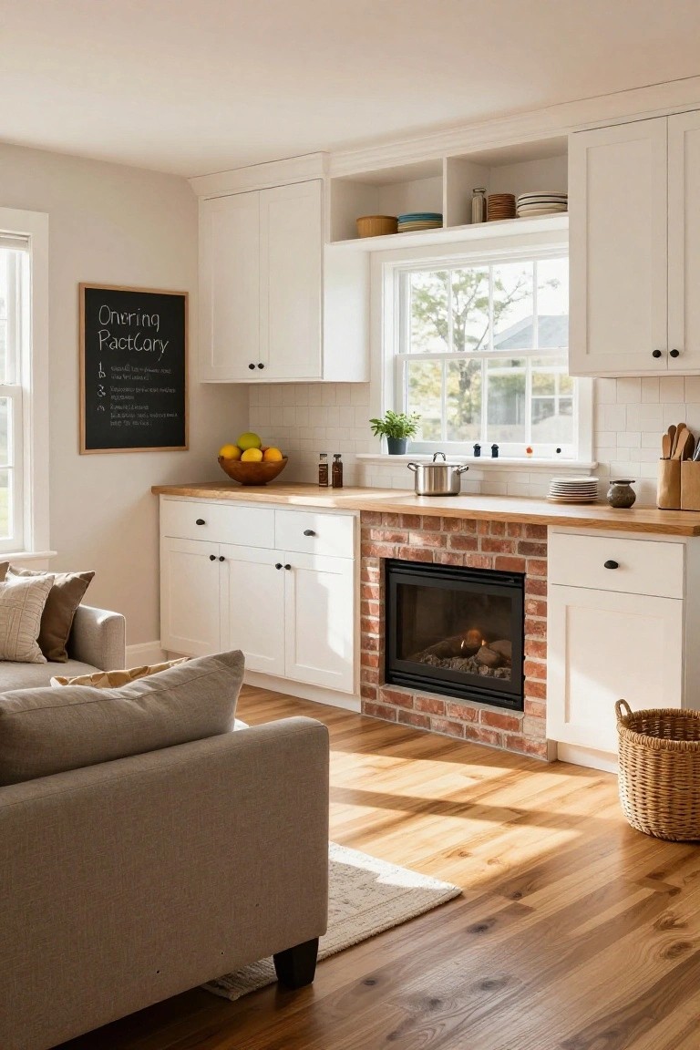 Open-plan interior with white cabinets, wood countertops, brick gas fireplace integrated into kitchen counter, gray sofa, potted plants, and window overlooking trees.