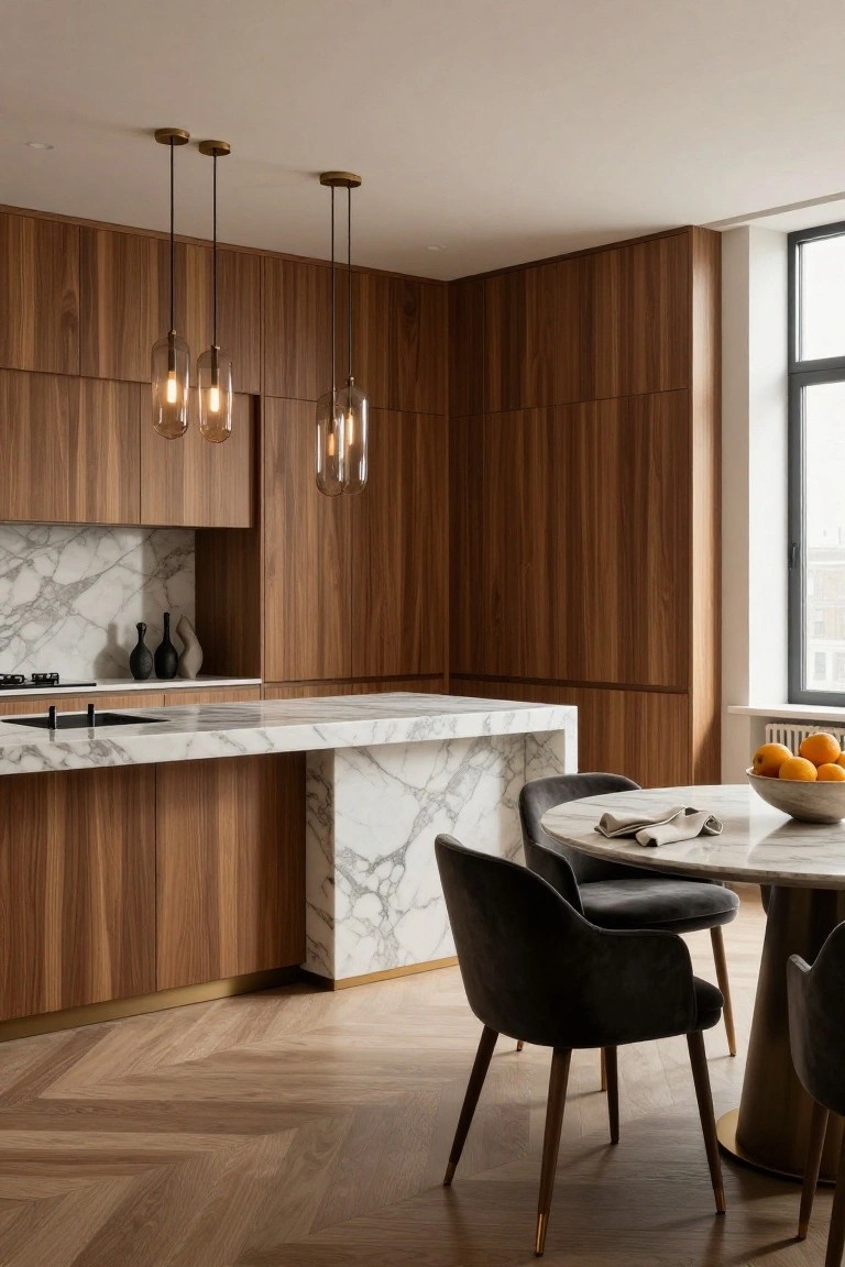 Contemporary kitchen with full-height walnut wood cabinets on two walls, white marble countertops and waterfall island doubling as dining space with black velvet chairs and round marble table holding oranges and newspaper, three hanging glass pendant lights, herringbone wood floor, and large corner window.