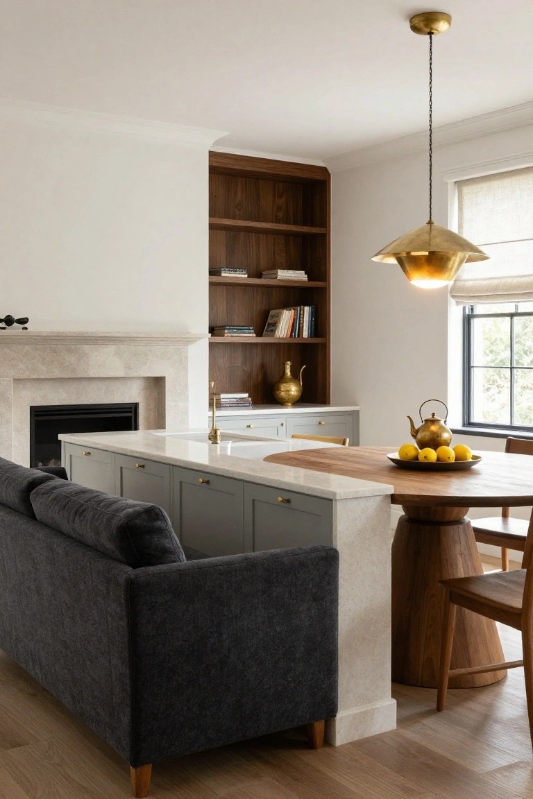 Interior view of an open kitchen-living room with gray cabinets, white stone countertop island topped with wood, gray sofa butted against the island, round wood pedestal table with lemons, walnut bookshelves, limestone fireplace, brass faucet and lighting, and linen window shade.