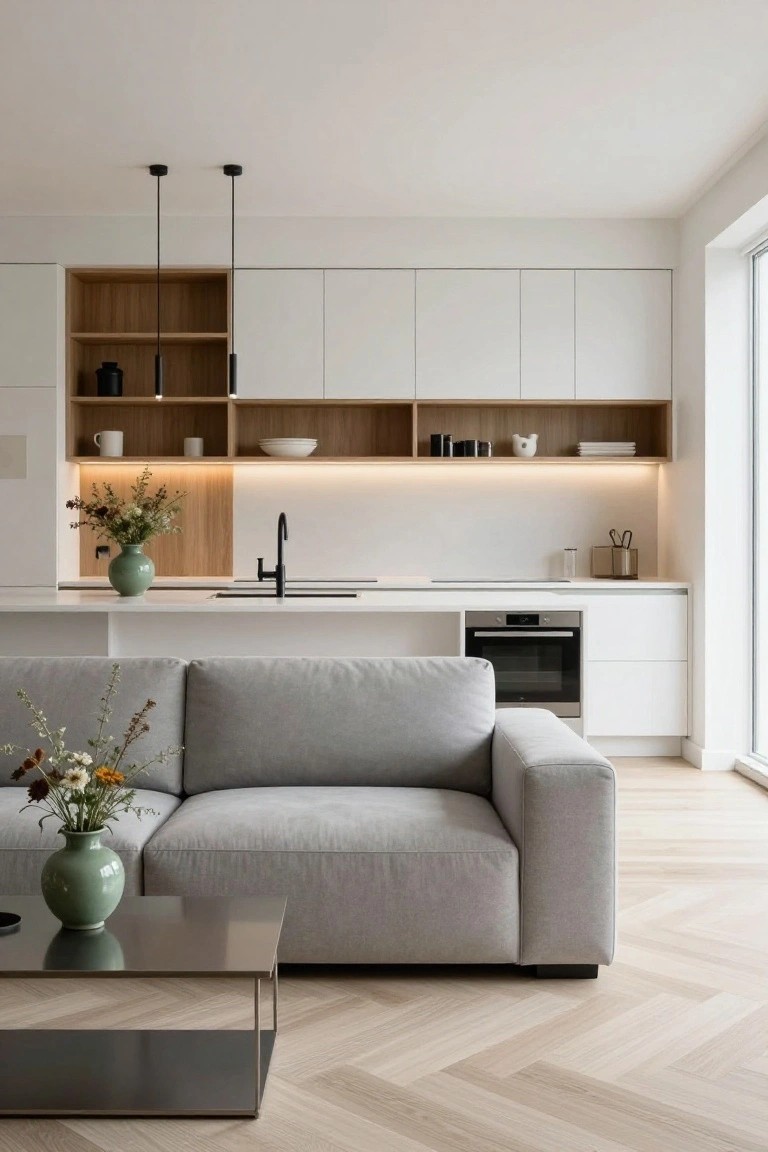 Open-plan interior with white flat-panel kitchen cabinets, oak wood open shelves, black faucet and pendants, gray L-shaped sofa, low metal coffee table, and herringbone oak flooring next to a large window.