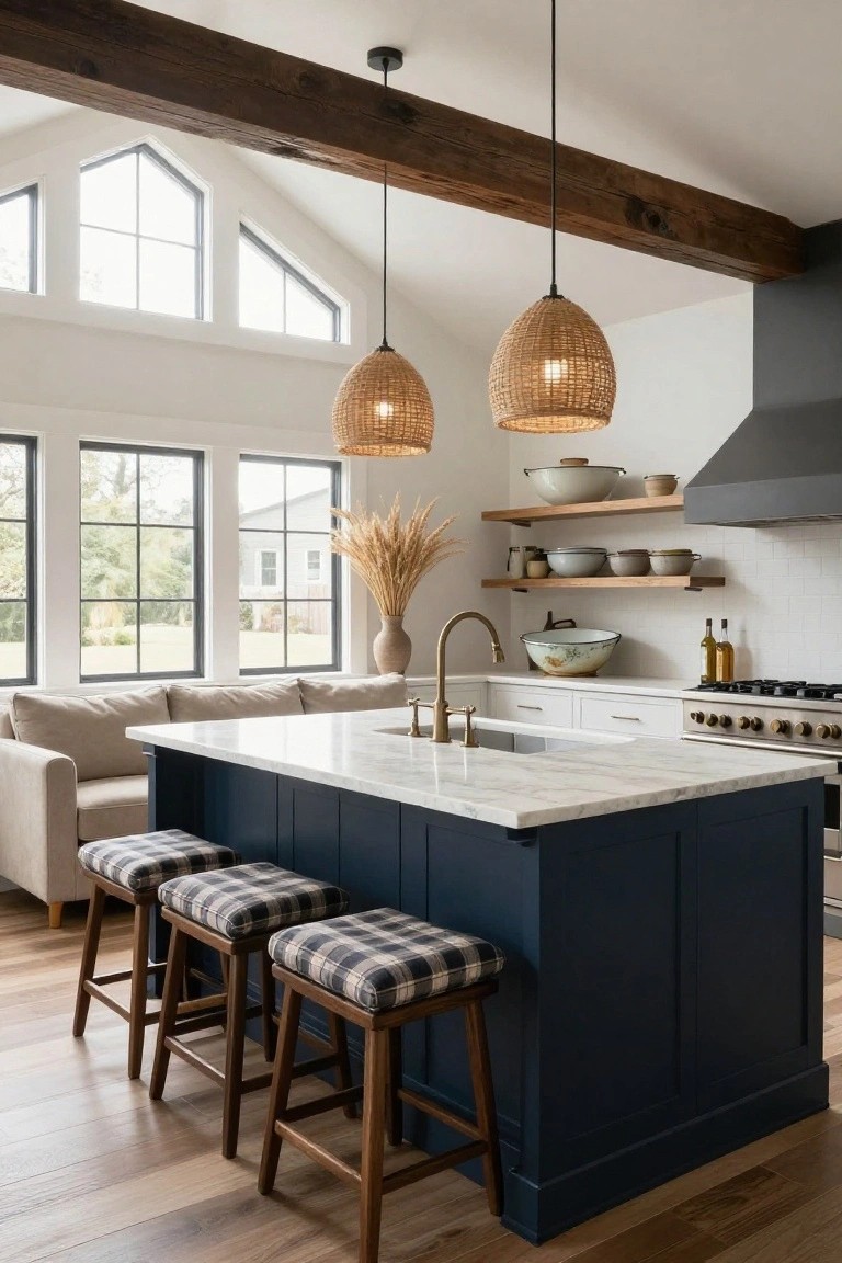 Open-plan interior with navy blue kitchen island topped in white quartz, four wood bar stools with plaid cushions, two woven pendant lights, white cabinets, gas range, beige sofa, large windows, and wood beams.