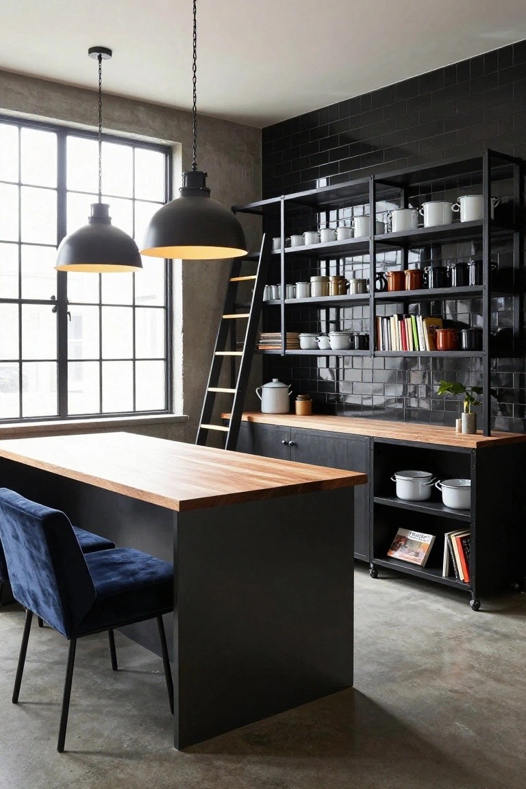 Industrial kitchen with black subway tile walls, tall black metal shelving units filled with white ceramics and cookware, a wooden ladder leaning against the shelves, wooden-topped black island counter with blue velvet chair, and large factory windows.