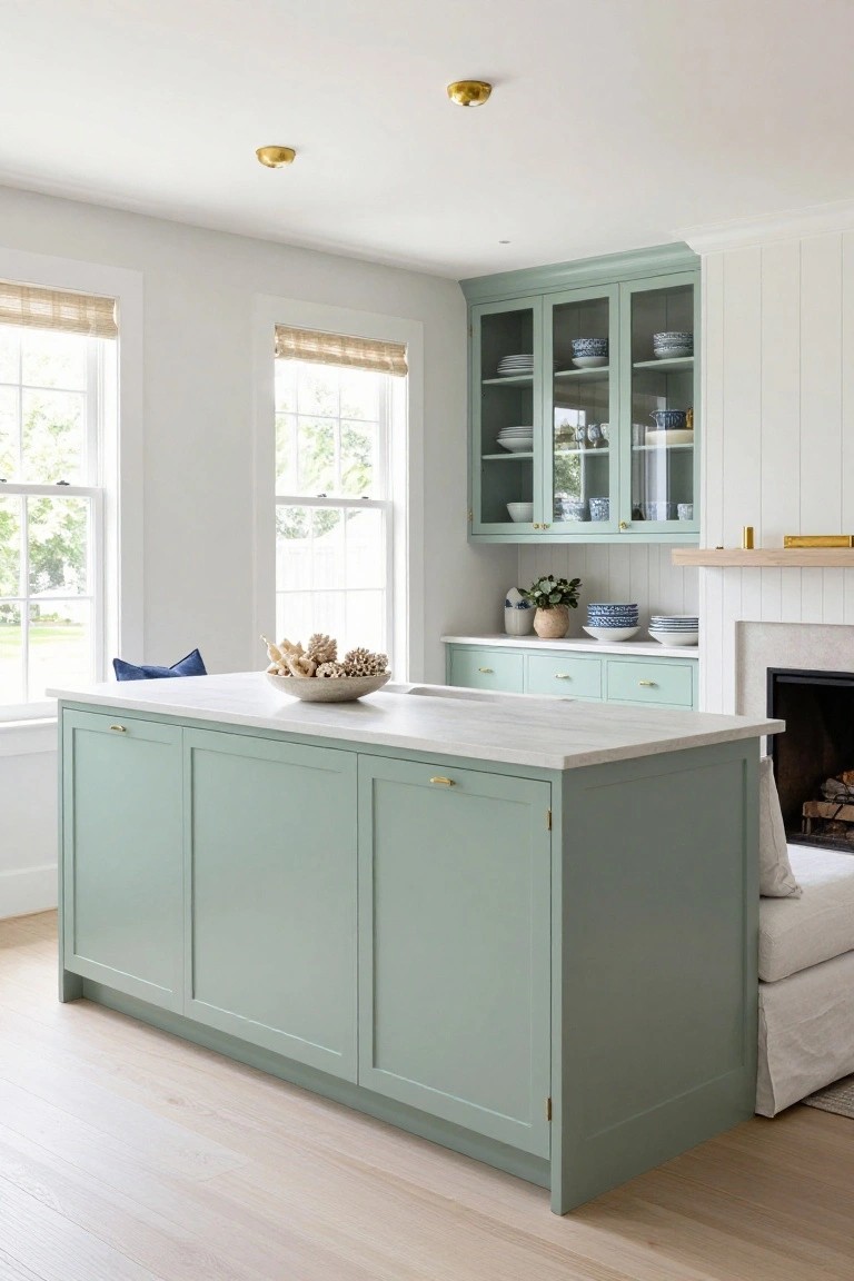 Open kitchen-living room interior with sage green lower cabinets and island topped in white quartz, glass-front upper cabinets displaying white dishes, shell decor on the island, white shiplap walls, two large windows with bamboo shades, a brick fireplace, beige sofa, and light oak floors.