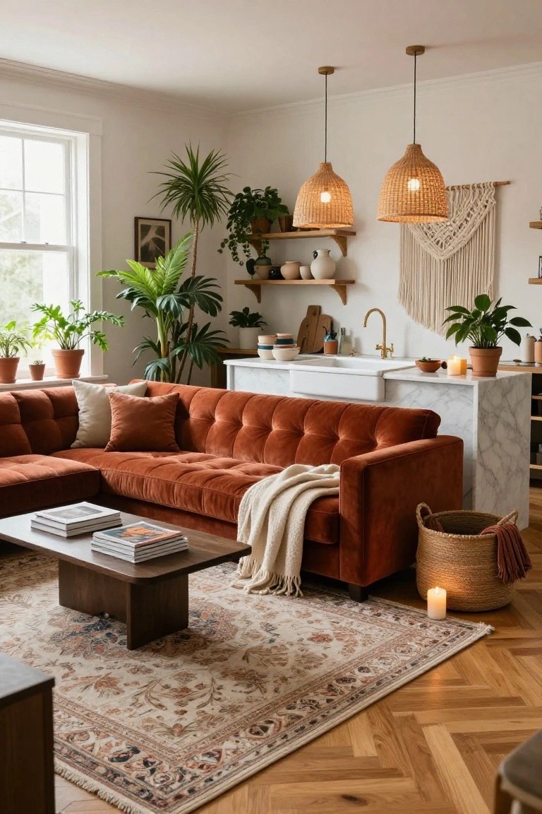 Open-plan interior with burnt orange tufted velvet L-shaped sofa, white marble kitchen island and sink, potted plants on shelves and floors, rattan pendant lights, woven wall hanging, hardwood herringbone floors, and candles.