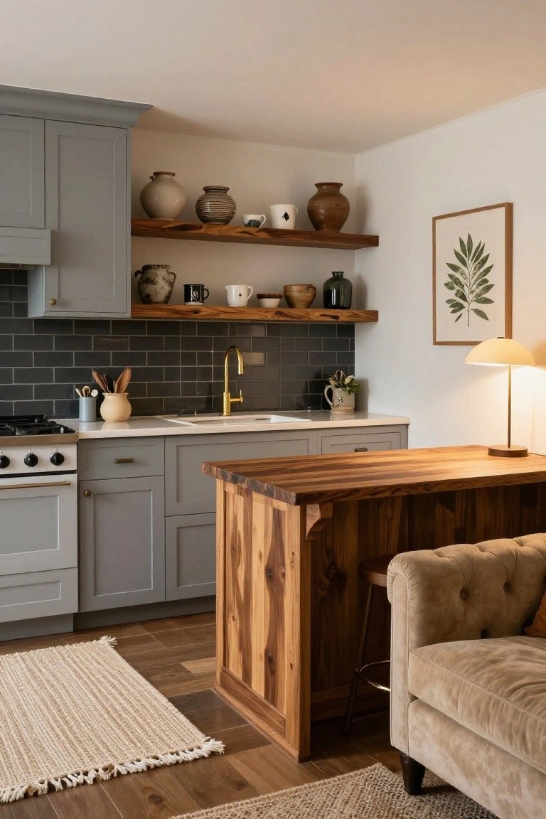 A kitchen with light gray cabinets, black subway tile backsplash, gold faucet over white sink, wooden island with wood stool, utensils on counter, open shelves with pottery, and adjacent beige tufted armchair on light wood floors with two woven rugs.