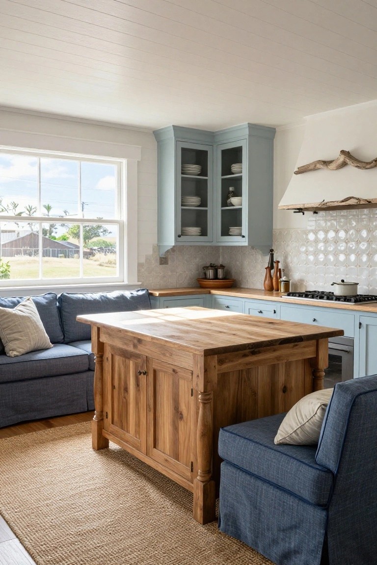 Bright kitchen with light blue cabinets, a wooden island, gray sofas, and natural light.