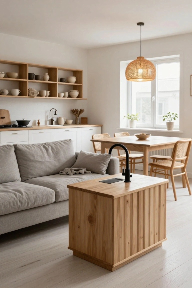 Open-plan interior with white kitchen cabinets, light wood open shelves stocked with ceramics, gray linen sofa, slatted wooden table with black sink faucet next to sofa, rattan chairs at wood dining table, plants, and woven pendant lamp over window.