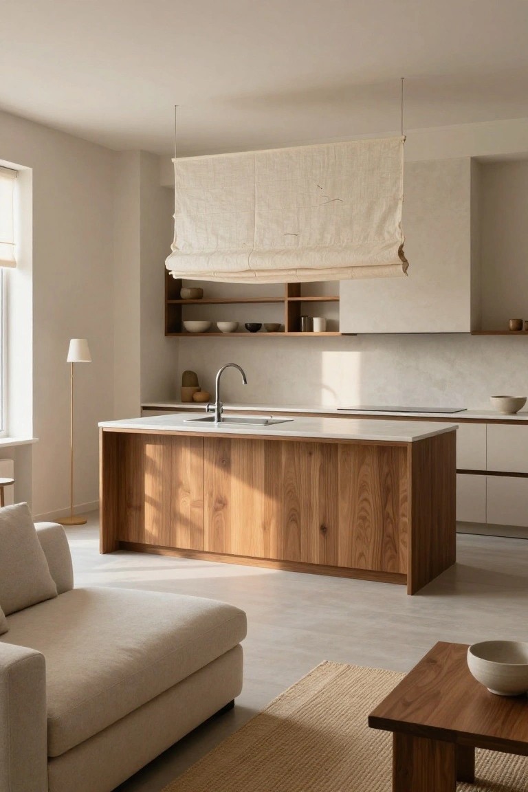 Open-plan interior with large wooden kitchen island topped in white, stainless sink, overhead hanging beige fabric panel, open shelves holding ceramics, freestanding lamp, beige sofa, and low wooden table on light floor.