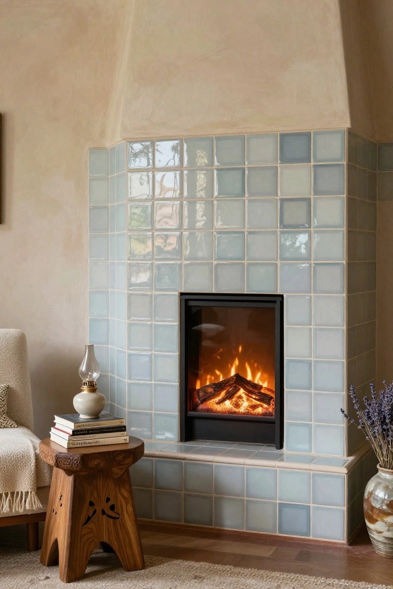 Corner fireplace with black frame and orange electric flames surrounded by light blue glossy square tiles on beige stucco walls, cream armchair with throw, carved wooden stool holding stacked books and white lamp, vase of lavender flowers, and wood floor.
