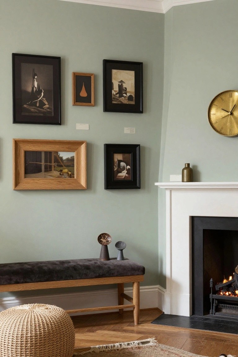 Living room corner with pale green walls, white fireplace and black firebox, oak-framed landscape photo, black-framed artworks, small gold clock, bench with gray upholstery holding two ceramic sculptures and bottle vase, rattan pouf on parquet floor.