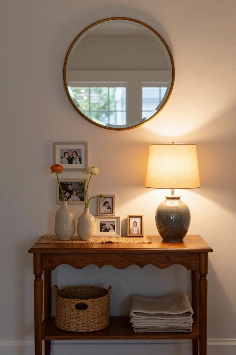 Wooden console table in a light wall corner with gold-framed round mirror above, ceramic table lamp, two white vases with flowers and stems, several small photo frames, woven basket on lower shelf, and folded gray linens.