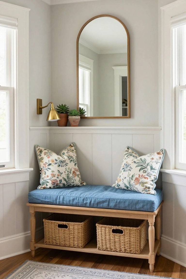 Light gray living room corner with white wainscoting, wood bench topped by blue cushion and two floral pillows, two wicker baskets underneath, gold arched mirror above flanked by plants and sconce light, next to two windows over hardwood floor and rug.