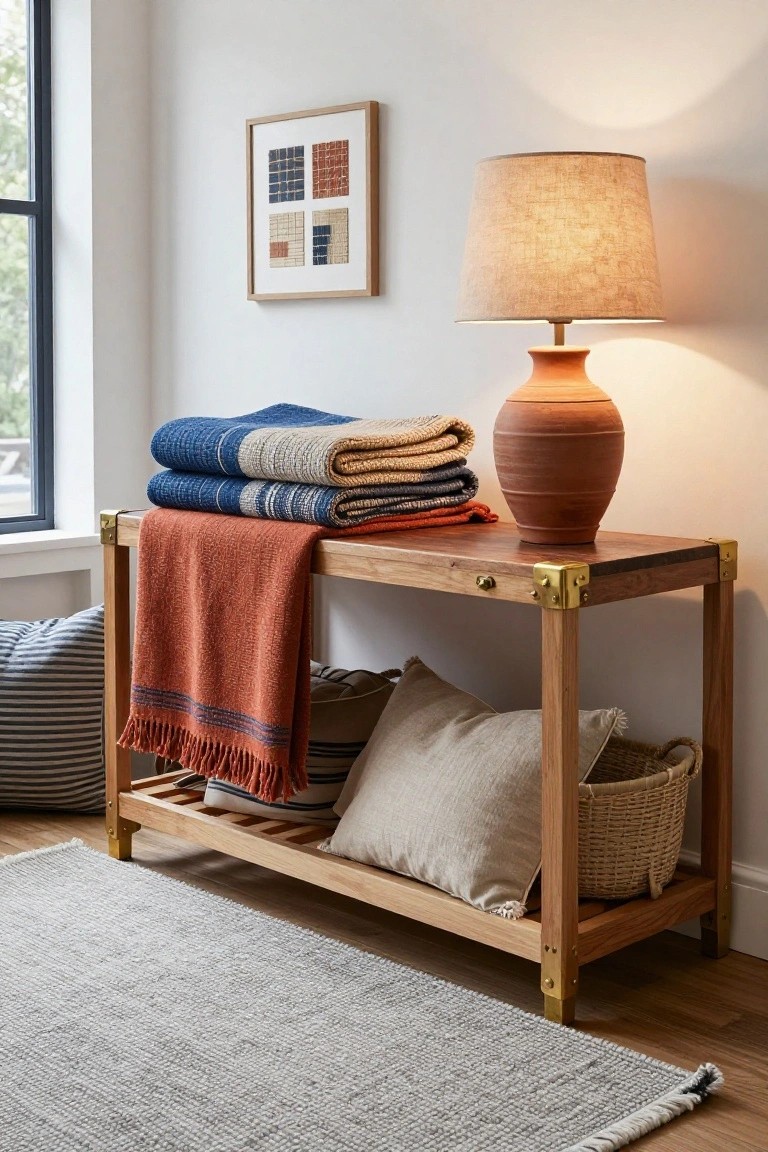 Wooden bench with brass corner brackets in a living room corner, stacked with folded blankets in blue, beige, and orange tones, pillows and basket below, terracotta vase lamp beside it, and abstract art on nearby wall.