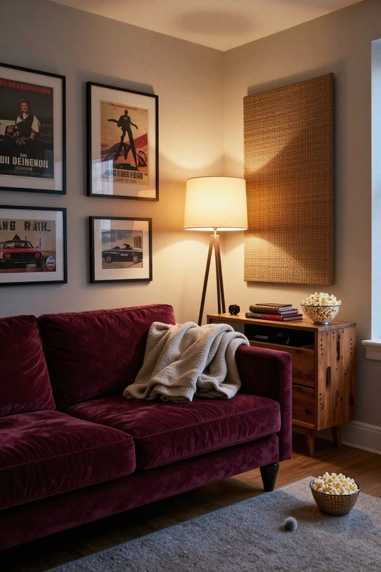 Living room corner with maroon velvet sofa draped in a beige blanket, wooden TV stand holding books and a popcorn bowl, tripod floor lamp, movie posters on walls, woven wall panel, and a popcorn bowl on the floor rug.