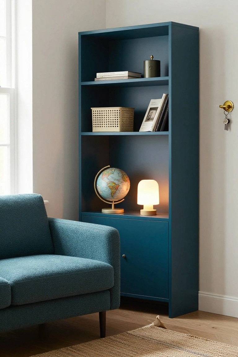 Tall navy blue bookcase in a living room corner holding stacked books, wicker basket, glass jar, photo frame, globe with lit lamp, and small drawer cabinet at bottom next to teal upholstered armchair on wood floor.