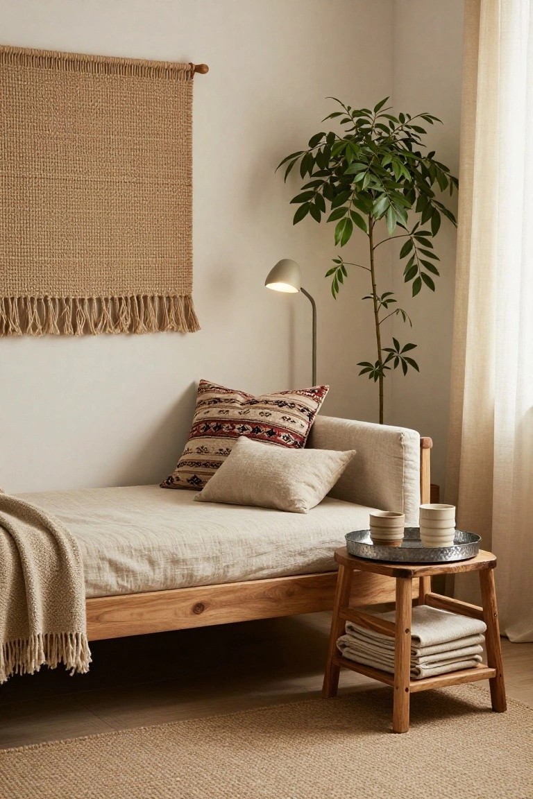 A light-filled indoor corner with a wooden daybed draped in beige linens and pillows, a small wooden stool holding a metal tray with two ceramic cups, a tall potted plant, an arched lamp, woven wall hanging, and sheer curtained window.