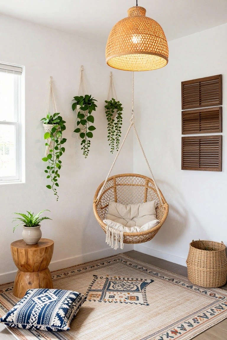White living room corner with beige rattan hanging swing chair filled with white cushions, surrounded by macrame-hung potted plants, wooden stool with fern, floor pillows, woven basket, and patterned rug under bamboo pendant light.