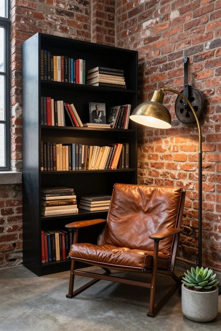 Tall black bookshelf filled with colorful books next to a tan leather armchair in a brick-walled room corner, illuminated by a brass industrial floor lamp with wheel detail and a potted succulent plant on the concrete floor.